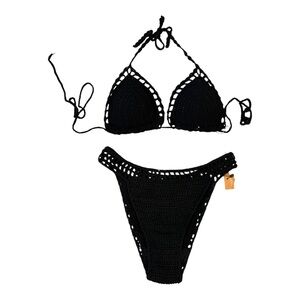 Black Crochet Two-Piece String Bikini Set size S/M